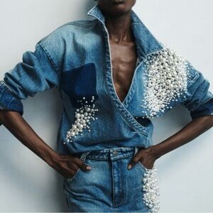 Hellessy Astro Faux Wrap Denim Shirt Pearl Embellished Denim Jacket